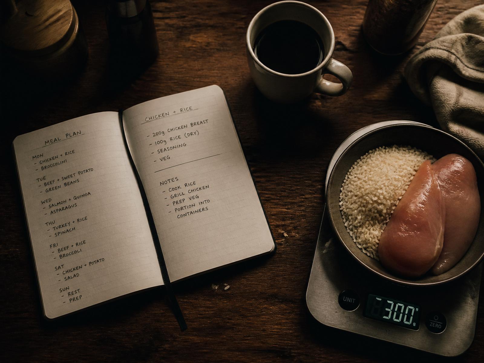 Open meal plan notebook next to a kitchen scale with chicken and rice