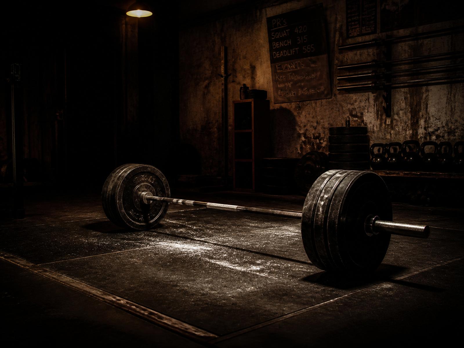 Dimly lit underground gym at night, barbell loaded with iron plates